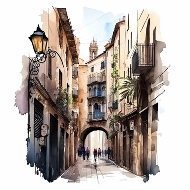 CLIPART WATERCOLOR BARCELONA, STREETS OF BARRI GOTHIC, STREETS