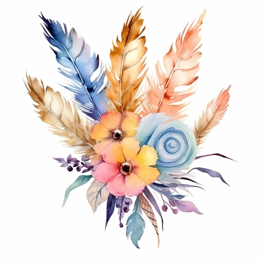 Craft an auto sticker that celebrates the free-spirited nature of boho flowers and feathers. Let the watercolor floral clipart bouquets intertwine with the whimsical feathers, capturing the essence of bohemian beauty. Allow this design to radiate a sense of joy, creativity, and connection with nature.