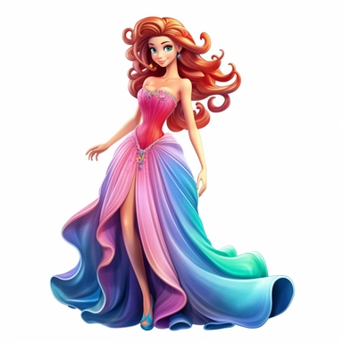 an exceptionally beautiful happy anime girl dressed in evening gown, smiling, long hair, vibrant colors, highly detailed, full body image, pixar style, clipart, white background
