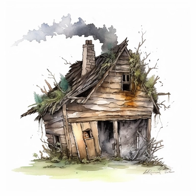 a captivating watercolor clipart image with a white background and white margins, featuring the house of sticks being shaken by the wolf's attempts to blow it down. The ultra-detailed, hand-drawn elements capture the slightly sturdier construction of the stick house, but still showing signs of weakness. Use earthy shades of brown and green to create a visually appealing and suspenseful image that conveys the imminent danger and the importance of resilience.