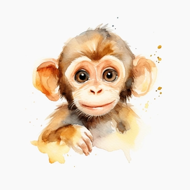 watercolor clipart, white background, cute and adorable playful monkey, perfect for stickers and print on demand, by François Boucher