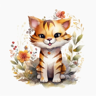 a moving tiger with cute big eyes, happy smiling face, cute animal, adorable, playful atitude, adorable watercolor animal clipart with a few plant and flowers decor, no background, high quality very sharp with clear focus