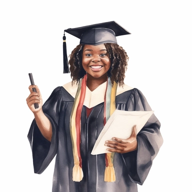 watercolor fat black female student graduation clipart on a white background