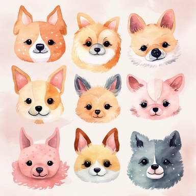 kawaii uwu dog heads clipart, separate png, watercolor, single design, 8k