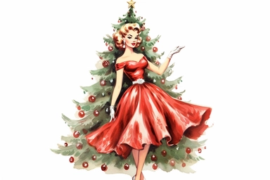 vintage 1950s christmas tree, pin up girl, watercolor clipart