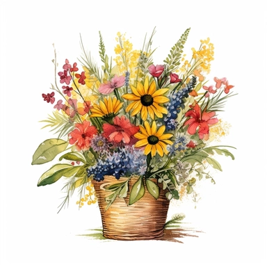Watercolour Meadow-Inspired bouquet Extra large, Create a meadow-inspired arrangement by combining native UK and American flowers that bloom in meadows, Mix cowslips, cornflowers, and red campions from the UK with black-eyed Susans, goldenrods, and butterfly weeds from Americaplanted in a large basket watercolour flower arrangement, clipart, vector, intermingled with greenery, white background, no captions, no vase, flower bed setting, aspect 2:2 repeat 5