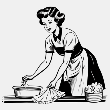 a maid at work cleaning. Black and white only, clipart, realistic