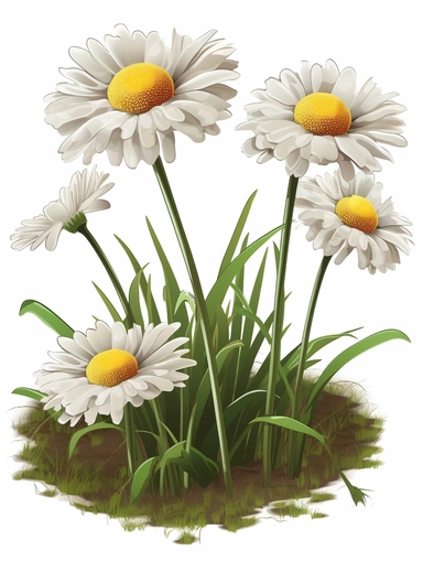 Isometric Sticker Clip Art of three daisy flowers on grassy soil, long stem, children friendly, illustrated in a botanic and playful and realistic style, perfect for any special occasion, cut out in the shape of daisy flowers, with no visible background, giving it the appearance of a sticker, conveying a mystical and whimsical mood, edited with Adobe Photoshop to adjust brightness and contrast, rendered as a transparent PNG file with a high resolution to ensure a crisp and clear image with no pi