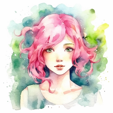 watercolour clipart of a girl with pink hair , green eyes, she is the catalyst for her group shared common dreams, binding the girls together. She is direct, occasionally sharp-tongued, and highly empathetic. With a heart full of compassion, she never hesitates to lend a helping hand to anyone in need. She`s dedication to their craft is unparalleled, make her smiling, exalted mood, white background, 8k, f1