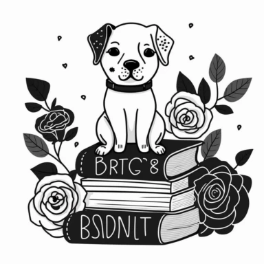 a dog sitting on a pile of books and roses, with the words Reading with my best friend on Sant Jordi! cute, clipart, flat 2d vector, minimalist, black and white, kids cartoon, svg cut file, line art drawing