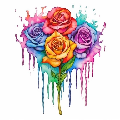 pride, rainbowcore, watercolor tattoo design of rose bouquet flower color art watercolor drip in transparent overlay, in the style of vibrant spectrum colors, white background, color gradients, chalk art, whimsical yet eerie animal symbolism, vibrant murals, hand-coloring watercolor clipart, white background