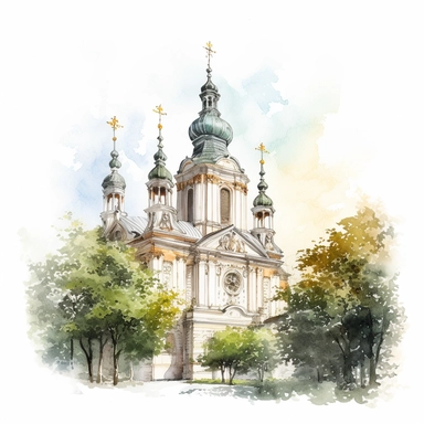 european church, watercolour, intricate, trees in the background, ornate, clipart, white background