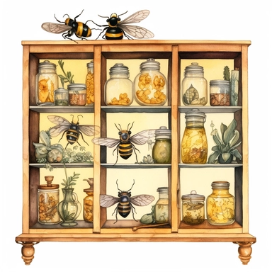 whimsical watercolour clip art curiosity cabinet with glass doors. Bee and honey themed