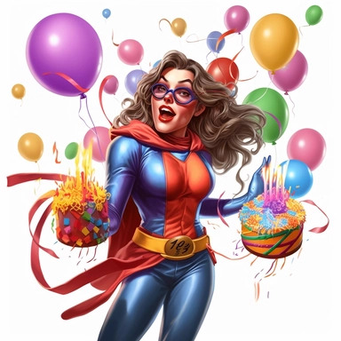Generate a realistic clipart image of a female superhero character's birthday celebration. Show the superheroine blowing out candles on a birthday cake while surrounded by balloons and streamers. Include a festive party atmosphere with a white background.