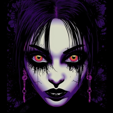 Produce a clipart illustration of a goth woman with eyes that emit an ethereal glow. Add a generous amount of vibrant colors to her attire, while ensuring the image is highly detailed and sharp. The background should be plain white