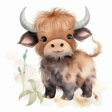 watercolour Happy Baby Buffalo Cartoon Clipart, Cute, no text