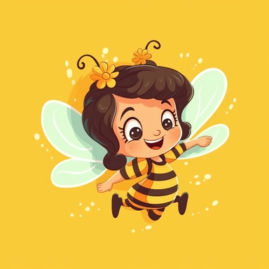 happy playfull fairy bee, full body, playing, long eyelashes, cartoon character, vector illustration, clipart, 2D, flat style