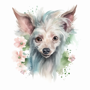 super cute newborn baby chinese crested clipart with huge cute blue eyes long fur smiling painted in watercolour style, splashes, pastel pink and sage green floral elements, white background 8k hd