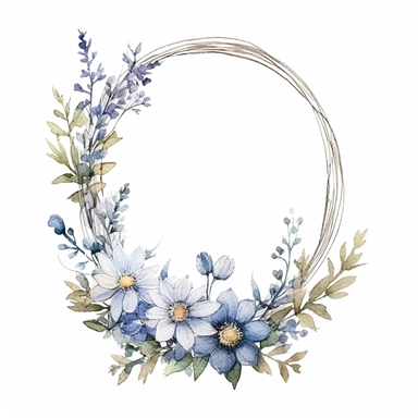 watercolor clipart of a empty suttle dainty floral oval frame surrounded by dusty blue color flowers. Capture the essence of blooming beauty and intricate details in your artwork, white background