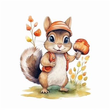 a captivating watercolor clipart image with a white background and white margins, featuring a cure sweet kawaii chipmunk. The ultra-detailed, hand-drawn elements capture the details. Use vibrant shades of various colors to create a visually appealing image