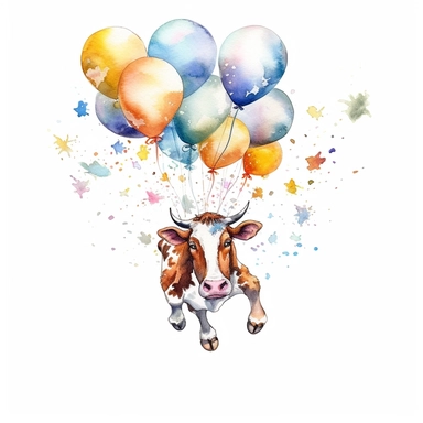 Painted illustration of a cow flying on balloons, creating a magical and fantastic nature, clip art, digital art, HD, white background, watercolor, white liner, no paint drips