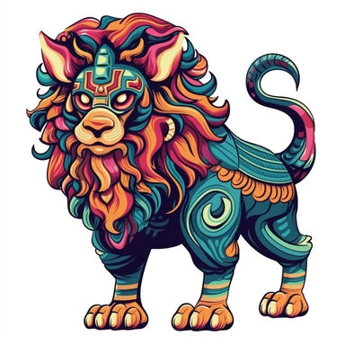 Create a unique clipart of a ferocious chimera creature with a multi-patterned body, combining the traits of a lion, goat, and serpent. The chimera should have a cartoon-style design, with bold outlines and vivid colors to make it stand out. Use a plain, highly-contrasted background to accentuate the details of the chimera, highlighting its fearsome features and intricate patterns. Be sure to showcase the distinct qualities of each animal trait in the chimera's design, creating a visually engagi