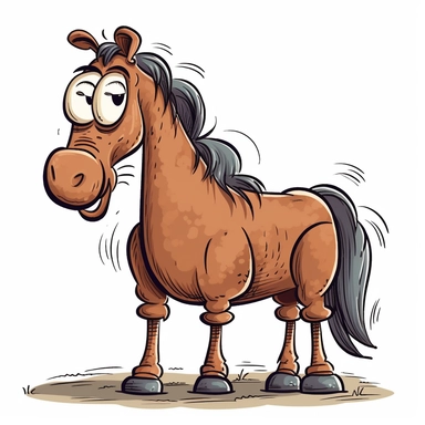 A funny horse clipart in comic style on white background. The horse sitting has a big head in relation to the body, as horse is seen with the whole body, caricature
