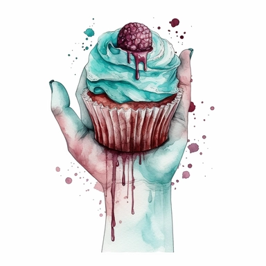Hand drawn cupcake with a zombie arm reaching out of the center of cupcake as if the cupcake is a grave, shades of teal and burgundy, goth, glamorous, Halloween, very detailed and realistic, watercolor, white background with margins, clipart style