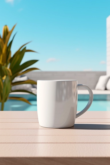 realistic mockups of a white mug in a table summer astheric, minimalistic style for clip art, high-quality, create an amazing beautiful coloring page