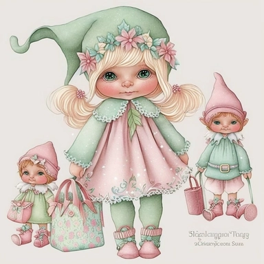 A cute Christmas girl elves doll girl pink and mint pastel clothing holding Christmas gift , Christmas, clipart, white background, 32k uhd, insanely detailed and sharp, flickr, plush doll art, soft faded colors, fairy tale watercolor art by Susan Wheeler, Thomas Kinkade and Marjolein Bastin
