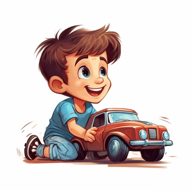a small boy, big smile, playing with a toy car, white background, in Disney comic book style, simple and concise, 2D flat painting, clipart, high quality, full color, 8k
