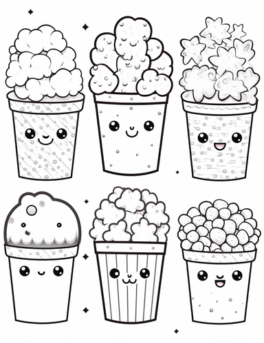 Kawaii popcorn boxes with happy expressions, filled with popcorn in different colors and flavors For Simple Coloring page,line art, thick lines, black and white,clipart, illustration, on white background,margin Page 10px