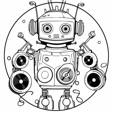 black and white clip art coloring page for kids, with thick bold lines depicting a musical robot--ar 4:3