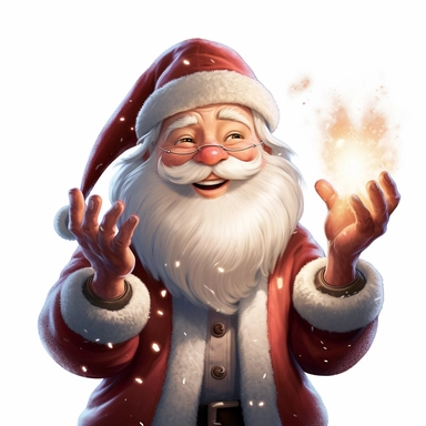 a cute whimsical Pixar Disney style classic Santa Claus he is looking amazed at the sparkling light in hands sparkling clipart in one hand, digital illustration, detailed, realistic, detailed Pixar Disney style, on white background