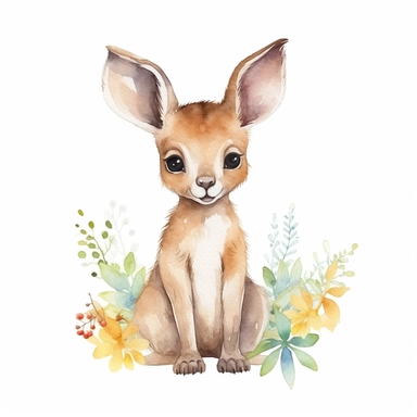 a whimsical baby kangaroo with kind eyes clipart with watercolor illustration,full body shot,8k,etsy style, white background
