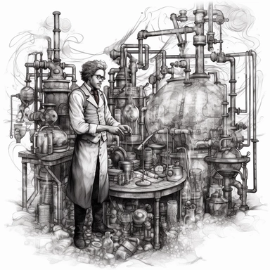 A steampunk laboratory filled with bubbling test tubes, sparking machinery, and a scientist in a lab coat ,Steampunk, black and white color obly, black ink, transparent background png, clipart no captions