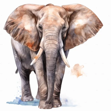 watercolor, A - African Elephant (found in many zoos around the world) png Full body realistic cartoon in 32K UHD cute. 15 cm thick outline. Black color. There was no shadow on the ground. 8k with realistic watercolors and detailed illustrations. PNG clipart, transparent white background