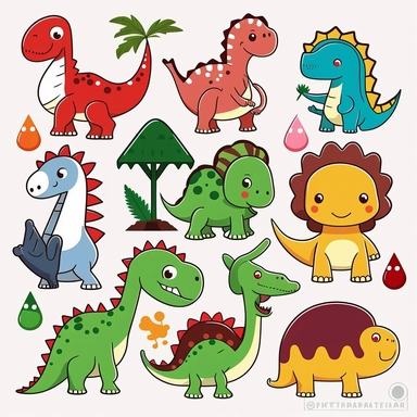 Create a set of 2D dinosaur clipart images featuring Tyrannosaurus Rex, Stegosaurus, Ornithischian, Triceratops, Velociraptor, and Diplodocus, suitable for children's educational and entertainment materials. The images should be in a fun, cartoon style that is easy for children to understand and appreciate, with bright and playful colors that are appealing to kids. Please ensure that each species is easily distinguishable and recognizable. The background of the image should be white, and there s