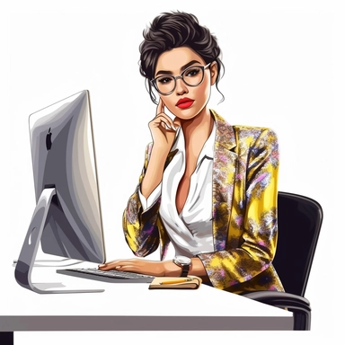 asian american lady boss wearing fashionable bold clothes, sitting at the desk and working on the computer, realistic illustration, clipart, isolated on white background, 4K