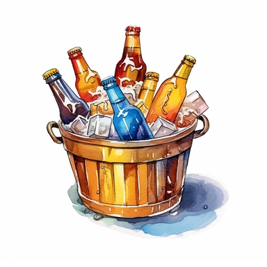 one ice bucket and beer bottle clipart on a white background, in the style of ink wash painter, light azure and dark amber, light amber and silver, light gold and light amber, luminous 3d objects , no watermark, text, 300 DPI , typography, shapes do not stick together, no text in the picture, on a white background