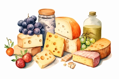 Watercolor, Cheese, Dairy products, clipart, hd, on a white background, spaced out