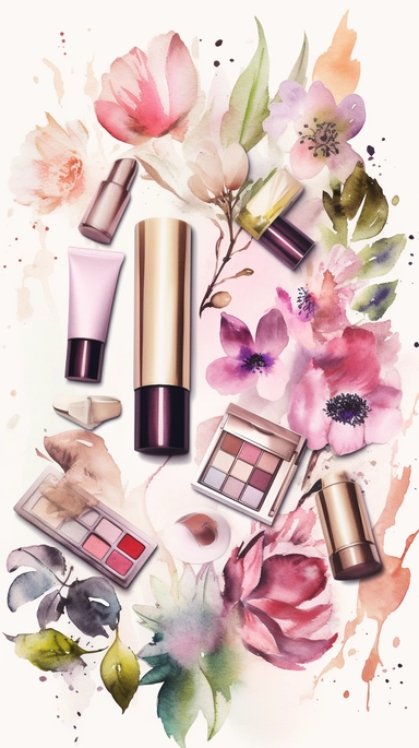dreamy pastel watercolor illustration. clipart. different shape of luxurious cosmetic products randomly placed on a white soft background. flowers. roots. sophisticated. made entirely out of different types of flowers and luxurious cosmetic products standing tall against a white background. The image is designed as a poster. perfect for printing and sharing with friends and family. knolling
