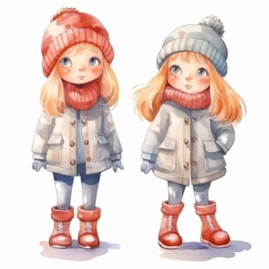 Set of watercolor cute little girl in winter clothes illustration for kids book, white backgroun, clipart, clean and crisp