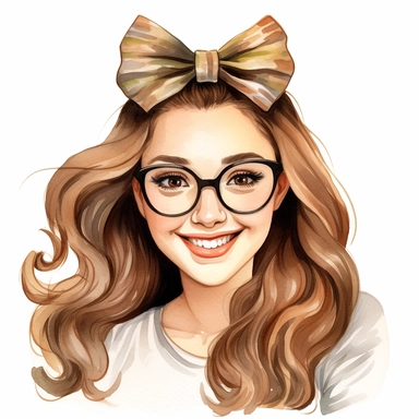 happy woman, light brown hair, bow, cute nursery painting, style by Lucy Fleming, watercolor, smooth gradients, black contour outline, ultra detailed, dreamlike, clipart elements, bright colors, solid white background, super clear, high quality