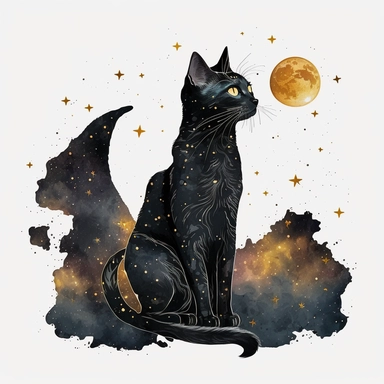 a sitting skinny pagan black cat in front of big starry sky portret, clipart, moon, watercolors, white background, stars, planets, galaxy, magical, ornaments, little golden stars, full body, pictorial space, sparky, golden glitter, oraneg eyes, use Cool Color Palette