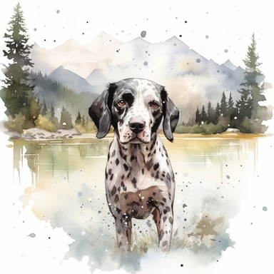 Painting and Illustration Watercolor Print Portrait of Dog Walking in Water with Mountain Behind Him Wall Art Clipart Printable Art Watercolor Painting Watercolor Appaloosa Mountain Dog Art Udal Art for Commercial Use