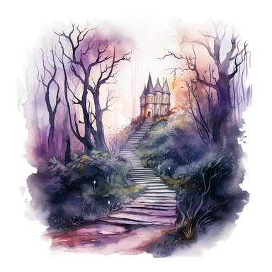 isolated illustration of a fantasy haunted path, eerie vibe, whimsical colors, watercolor illustration, high resolution clipart, isolated on white background