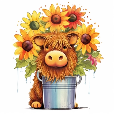 Highland Cow With Sunflowers in a flower pot with colorful flowers and a rainbow clipart