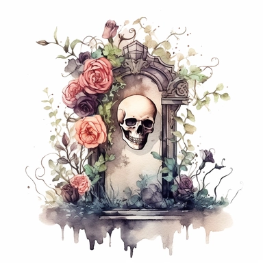 dark arcadia watercolor gravestone clipart, vines, skull, roses