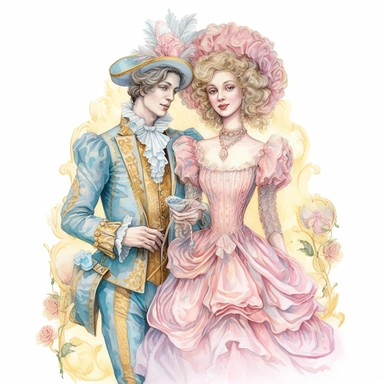 vintage style Detailed light and shadow, 2D outline, A beautifully patterned neo rococo Victorian baroque hyper realistic french court royal couple in varying hues of pink, yellow and blue, stunningly beautiful, refined and sophisticated, Hand drawn, cicely mary barker ,realistic watercolor, Clipart, emotionally pleasing watercolor, i can't believe how beatiful this is,accurate detailed line art, white background, intricate detail, clean line art, saturated fantasy watercolor, white background